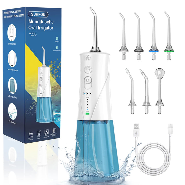 SURFOU Munddusche Kabellos Mundduschen 230ML 3 Modi 7 Düsen, Mundduschen Reise Water Flosser IPX7 Wa