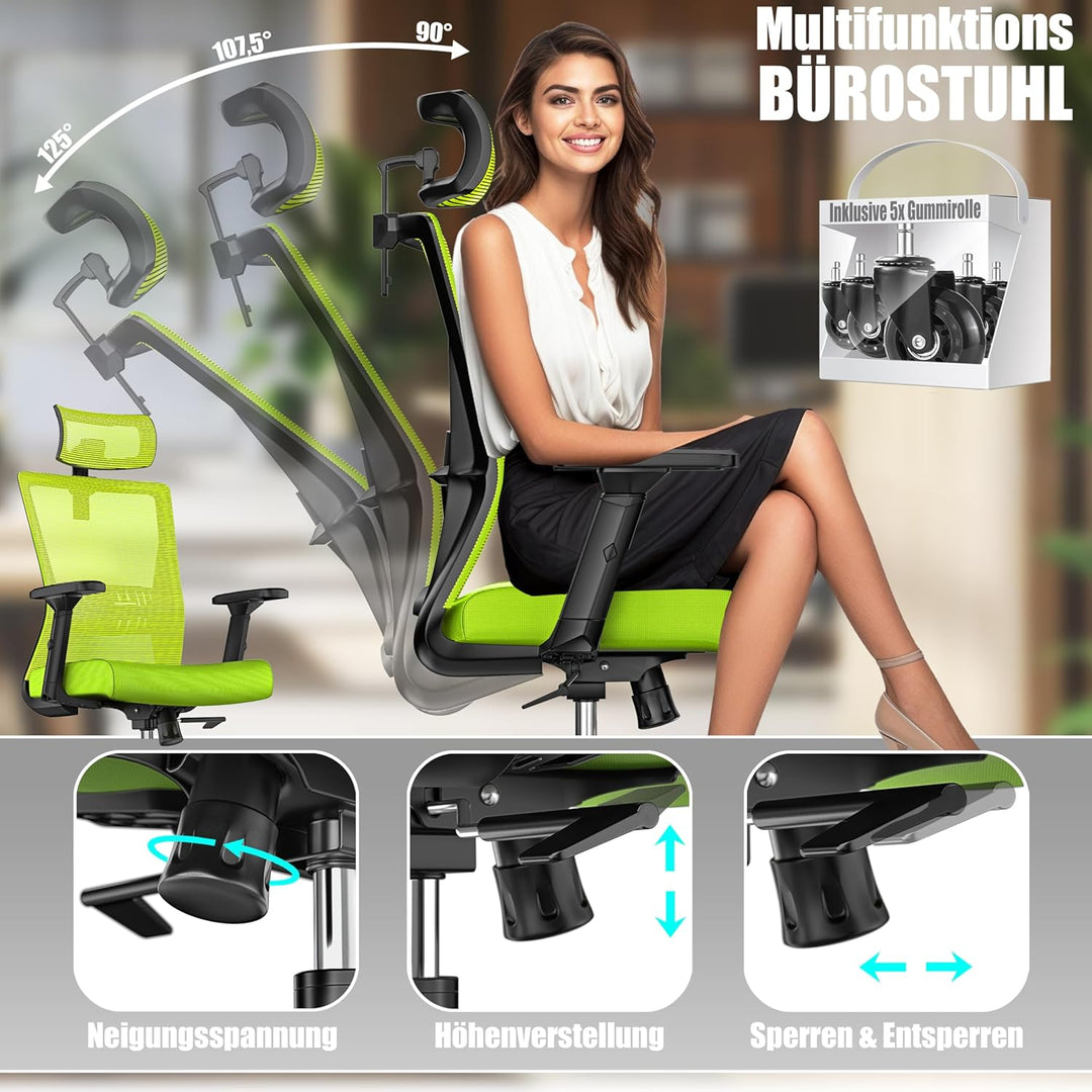 KESSER® Bürostuhl Ergonomisch mit verstellbaren Armlehnen | Drehstuhl mit Lendenwirbelstütze Rückens