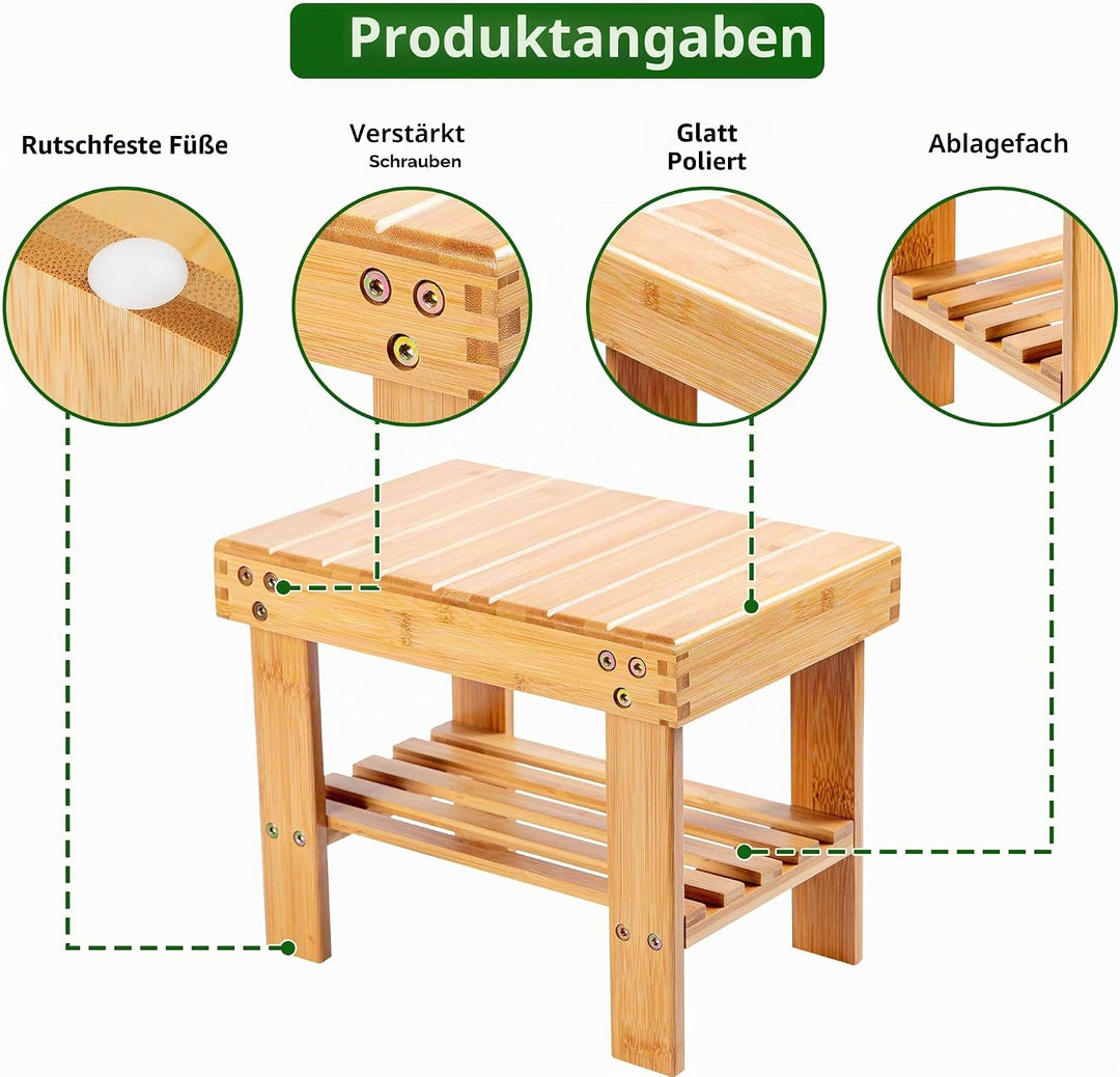 VaeFae Sitzhocker aus Bambus, Fussablage, Rasierhocker, Aufbewahrungsregal, langlebig, leicht und ru