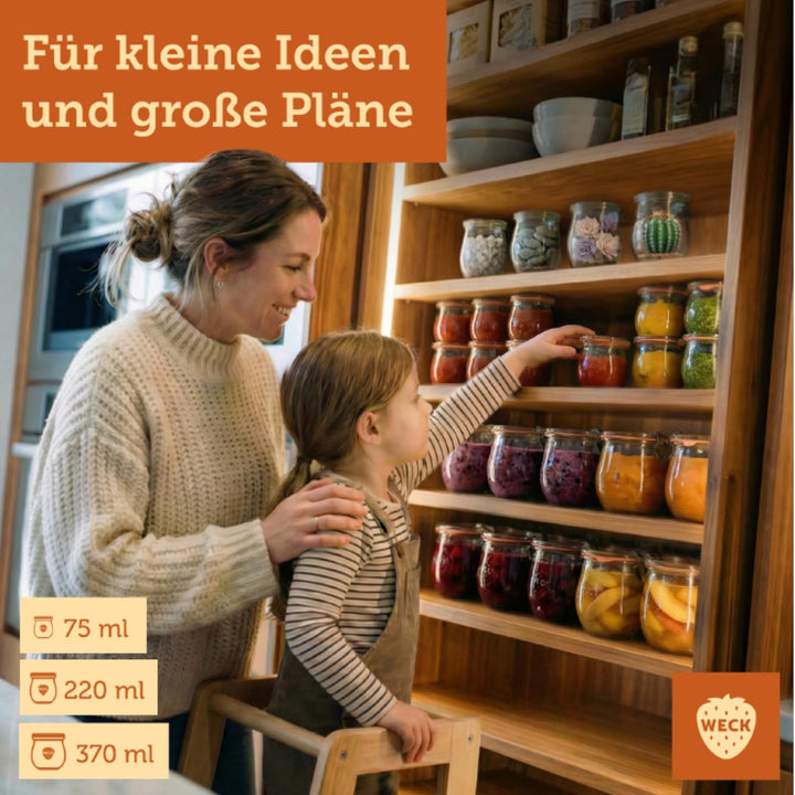 Weck Gläser 200ml – 12er Set mit Deckeln – Tulpenform – robuste, stapelbare Dessertgläser, Einkoch-