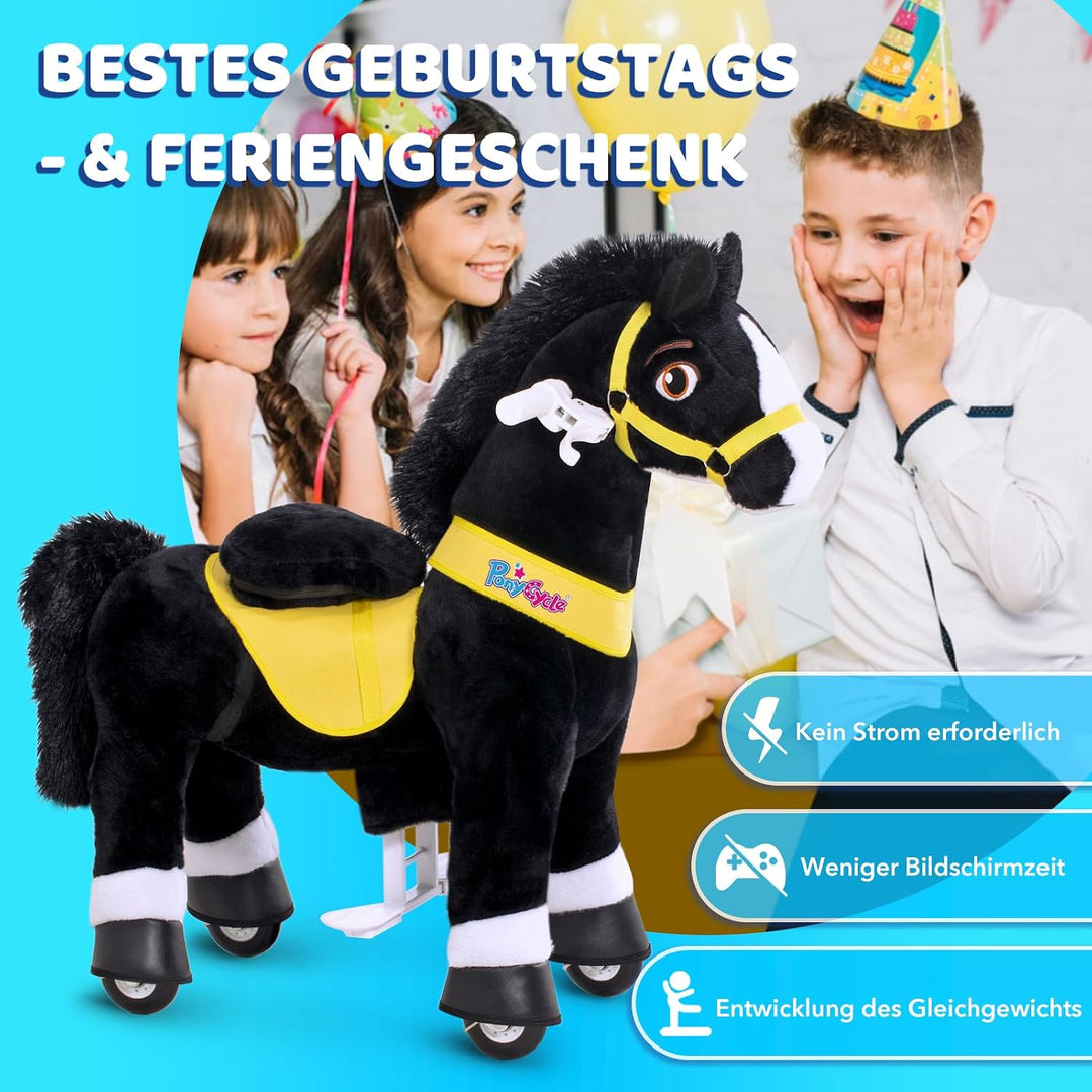 PonyCycle Spielpferd zum reiten, für Kinder 4–7 Jahre, 90cm Hoch, Reitpferd auf Rollen mit Handbrems