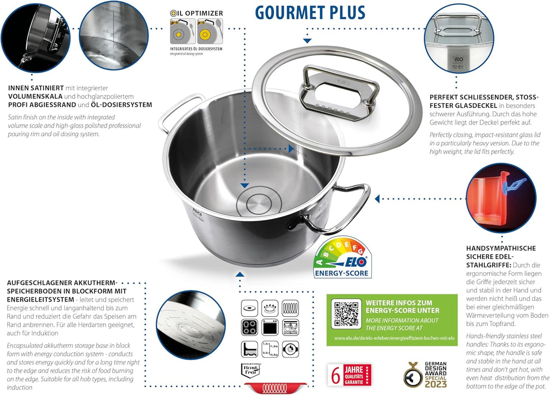 ELO Premium Topfset Gourmet Plus 5 tlg., für alle Herdarten geeignet, Edelstahl, integriertes Öl-Dos