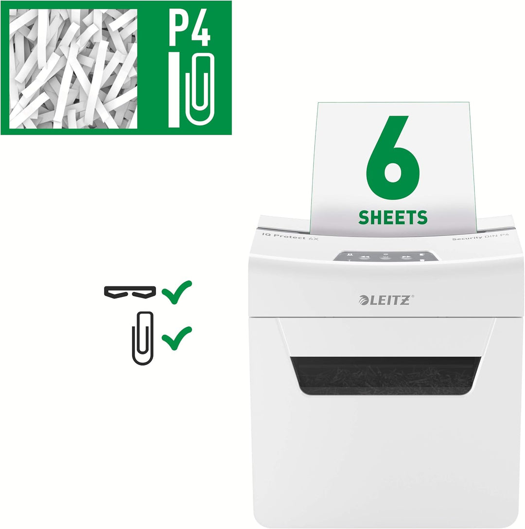 Leitz IQ 6X Premium Aktenvernichter P4 fürs Büro und Zuhause, Partikelschnitt, 7-6 Blatt (70-80 g/m²