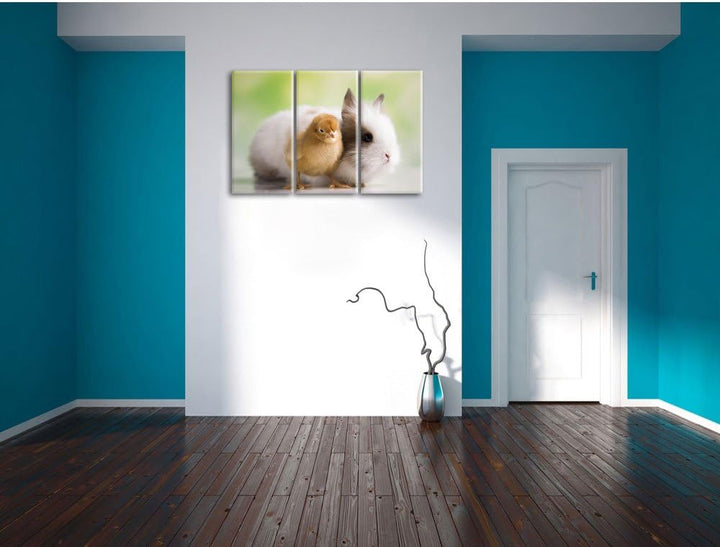 Pixxprint kleines Küken mit süssem Häschen 3-Teiler Leinwandbild 120x80 Bild auf Leinwand