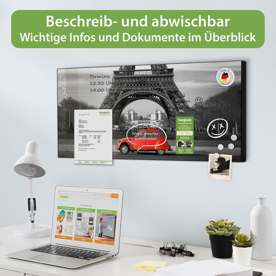 banjado Magnettafel schwarz 78 x 37cm / Magnetwand Metall/Magnetpinnwand als Memoboard/Pinnwand Magn