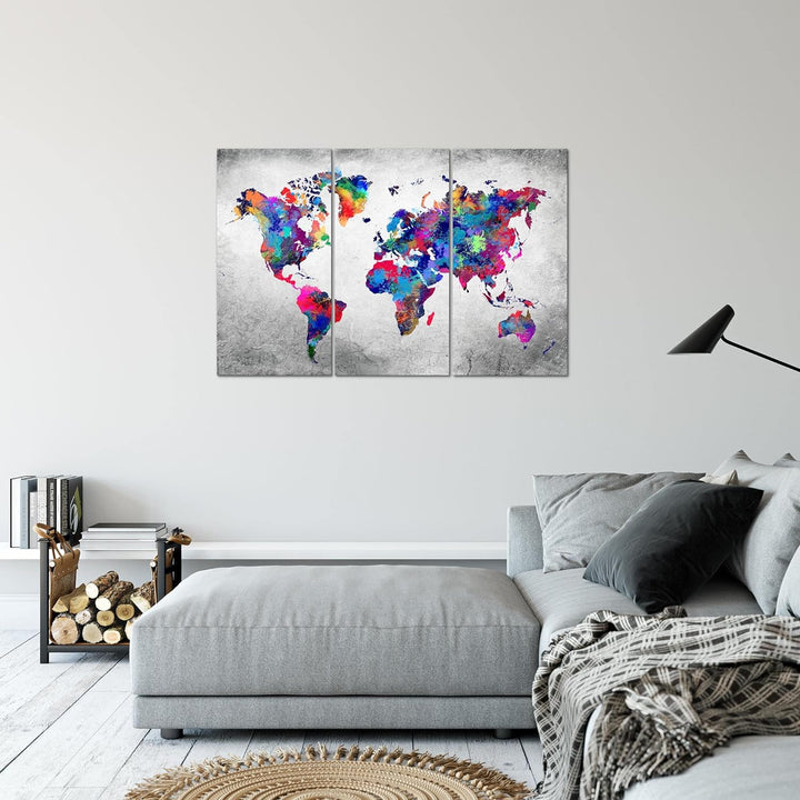 Runa Art Wandbilder Weltkarte Bild XXL Büro Wohnzimmer Bunt Vintage Kontinente 120 x 80 cm 3 Teilig