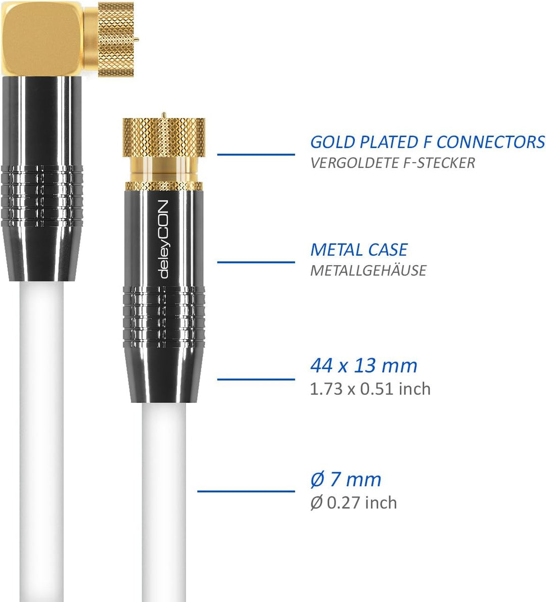 deleyCON 12,5m SAT Antennenkabel Satellitenkabel Koaxialkabel - HDTV Full HD - F-Stecker 90° Grad Ge