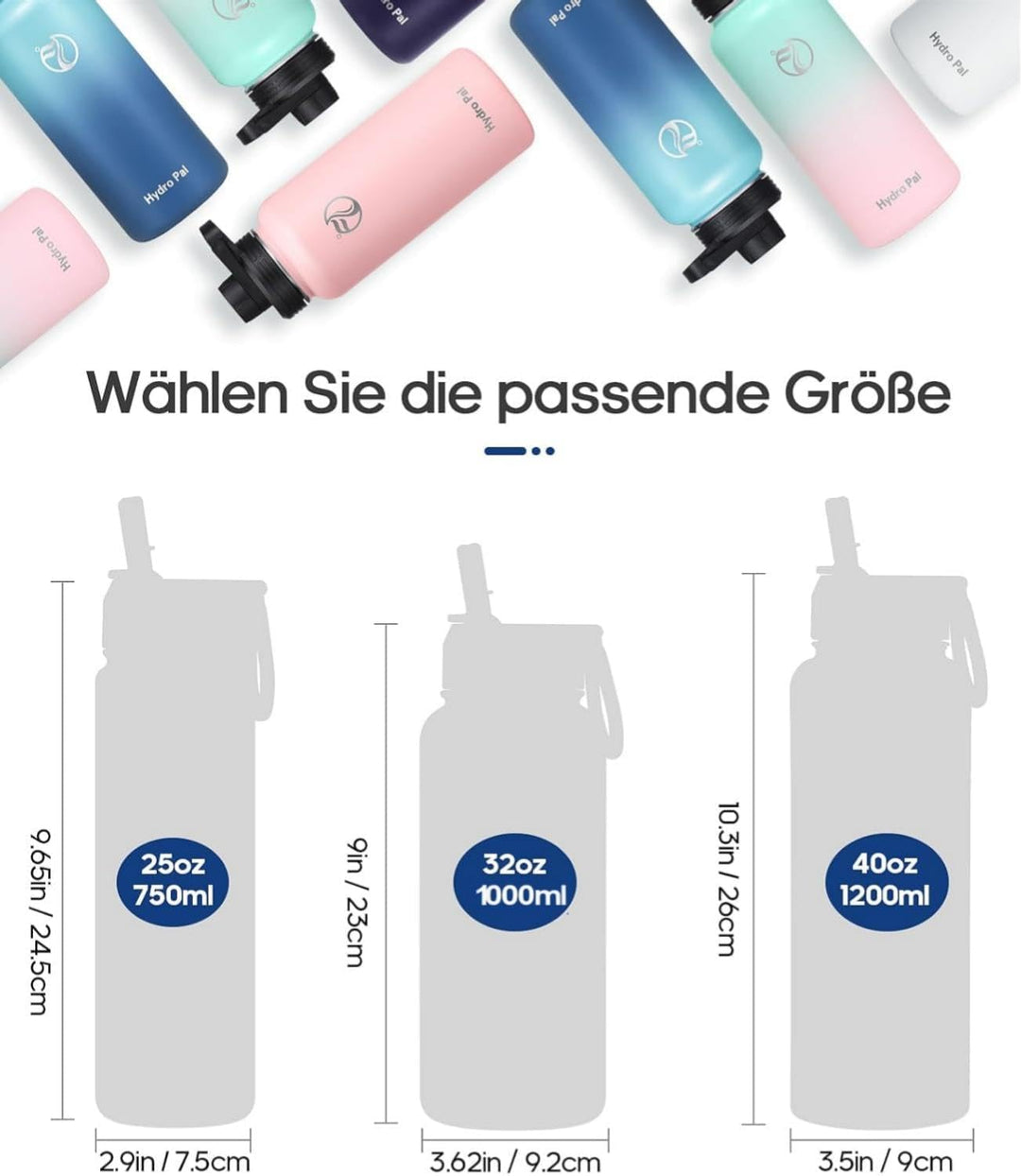 HydroPal Edelstahl Trinkflasche - 750ml, 1L, 1,2L, BPA-Frei, Kohlensäure geeignet, Isolierte Thermos