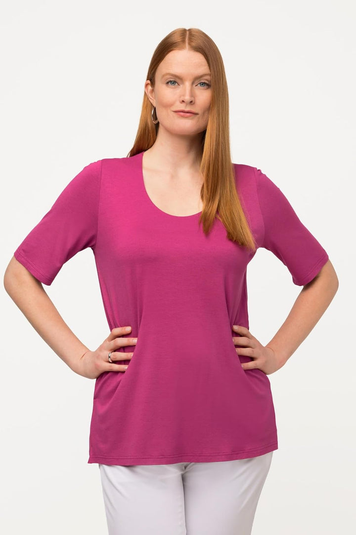 Ulla Popken Damen T-Shirt, vorne doppellagig, V-Ausschnitt, Halbarm 42-44 Fuchsia Pink, 42-44 Fuchsi