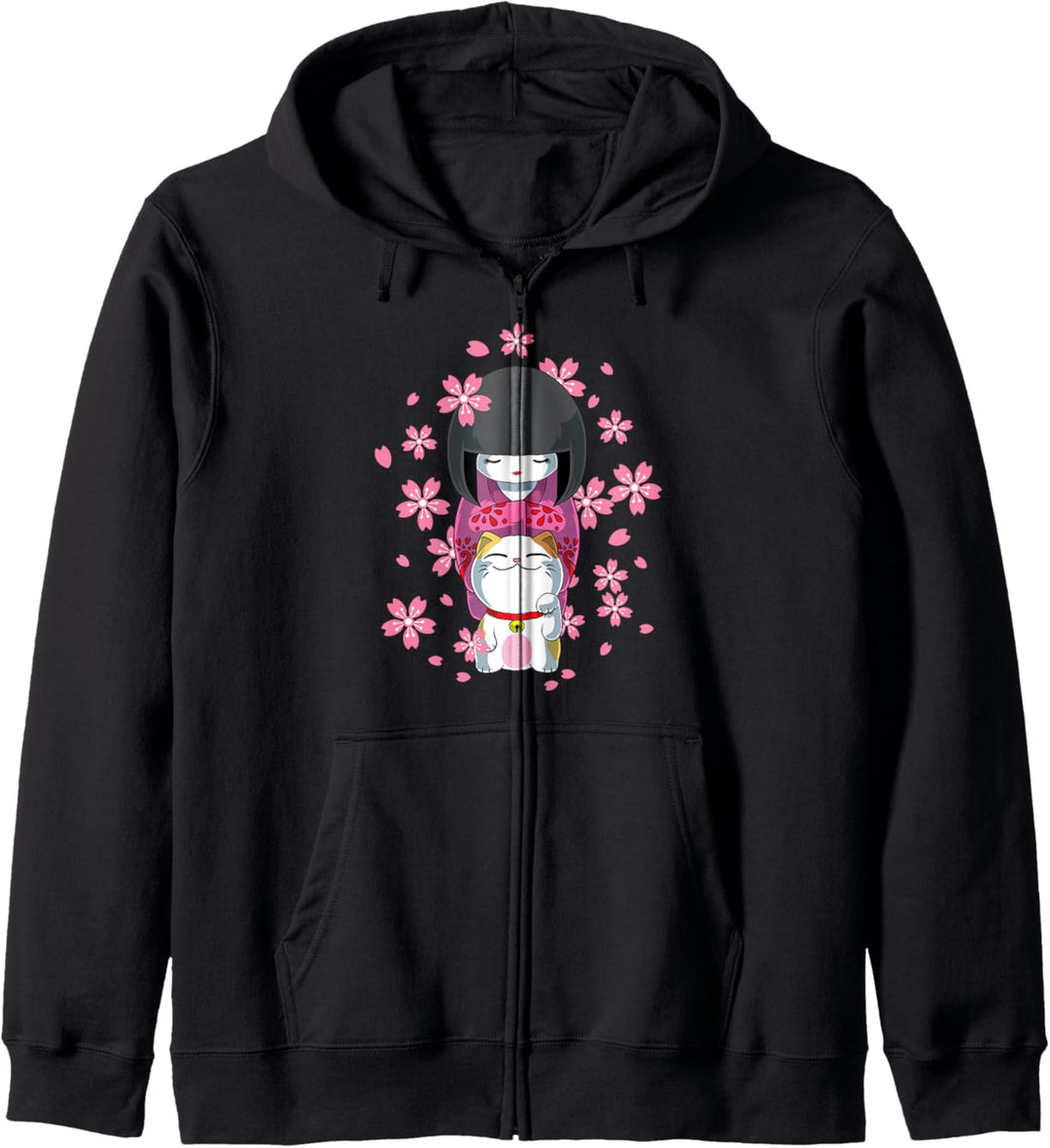 Japanische Kawaii Kokeshi Puppe in Kimono und Glückskatze Kapuzenjacke