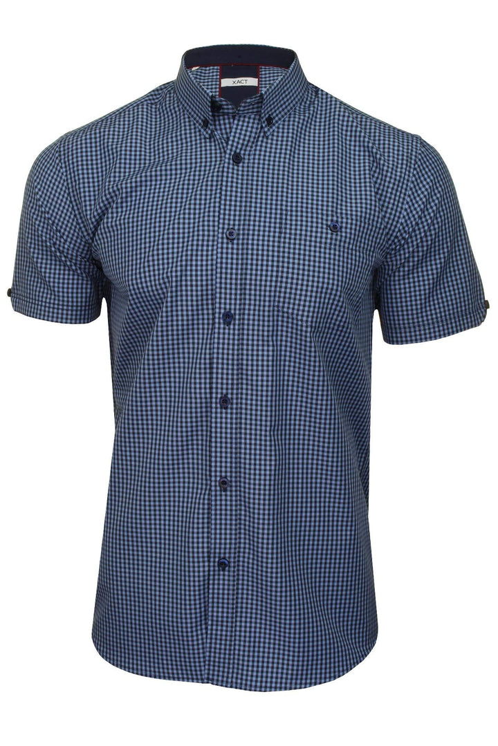 Xact Herren Kurzarmhemd mit Gingham-Karo, Button-Down-Kragen, Normale Passform L Denimblau / Marineb