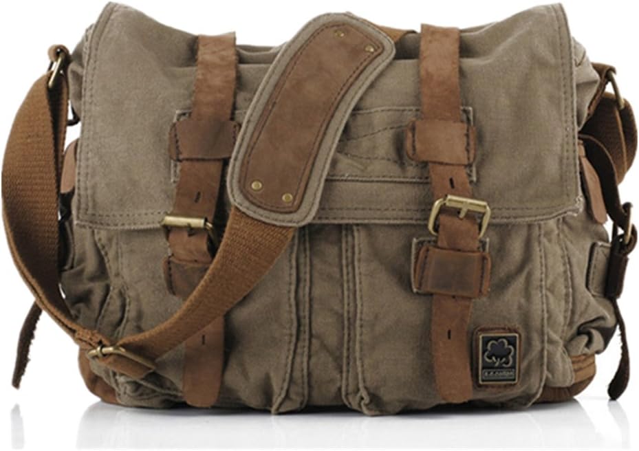 Sechunk Vintage Militär Leder Umhängetasche Canvas Laptop Tasche Retro Messenger Taschen Large--17‘’