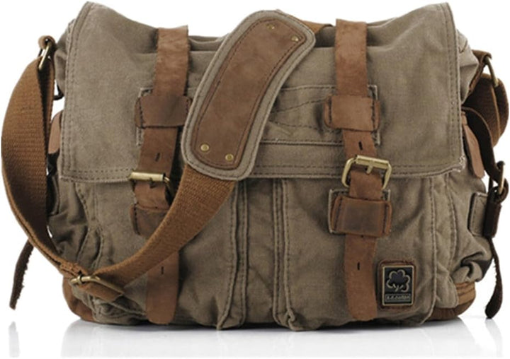 Sechunk Vintage Militär Leder Umhängetasche Canvas Laptop Tasche Retro Messenger Taschen Large--17‘’
