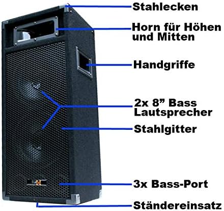 E-Lektron 500W DJ Party Lautsprecher Box doppel 8" Bass PW220