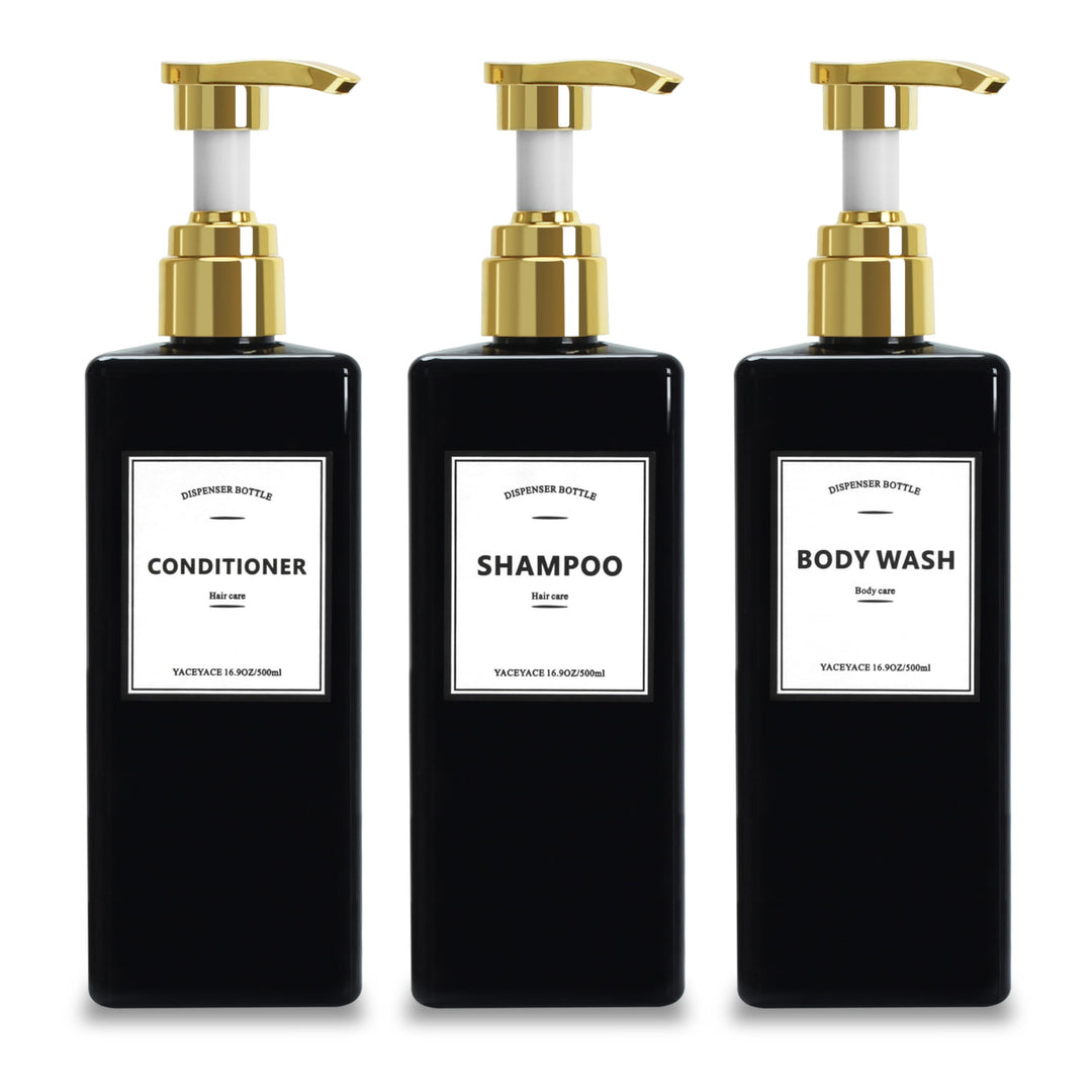 Schwarze Shampoo-Flaschen mit goldener Pumpe, YACEYACE 479 ml, 3 Stück, Shampoo- und Conditioner-Spe