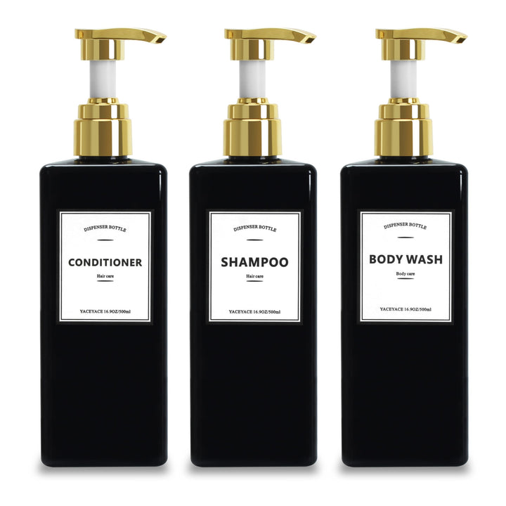 Schwarze Shampoo-Flaschen mit goldener Pumpe, YACEYACE 479 ml, 3 Stück, Shampoo- und Conditioner-Spe