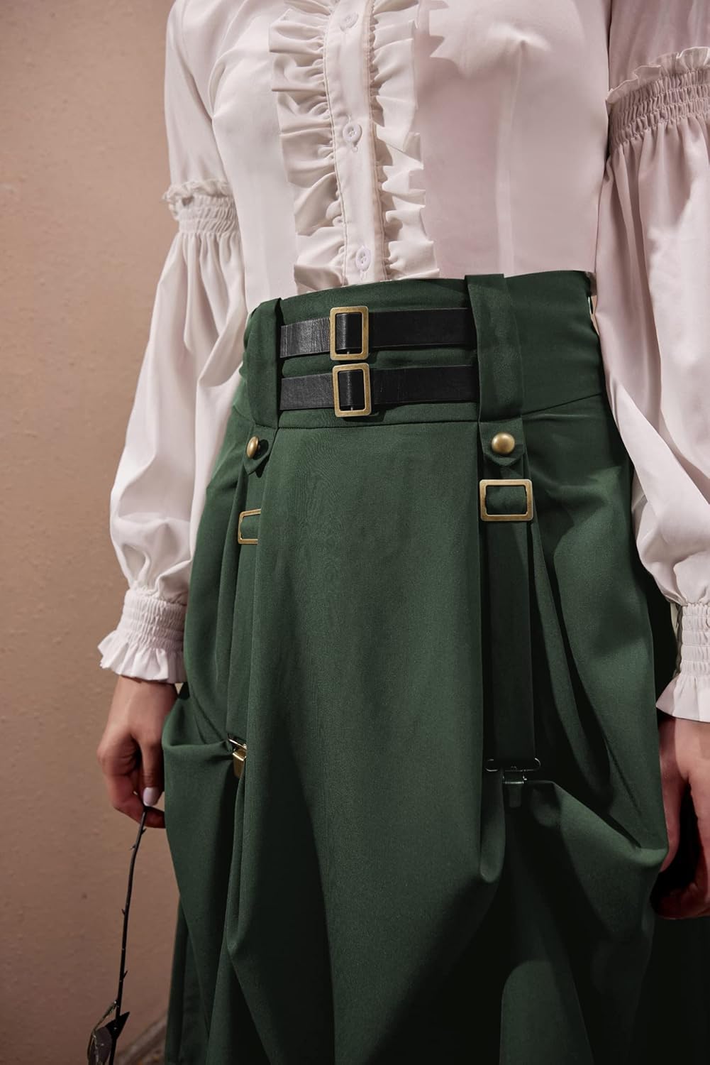 SCARLET DARKNESS Damen Mittelalter Rock Steampunk Knielang mit Schnalle und Riemen Gothic Rock Pirat