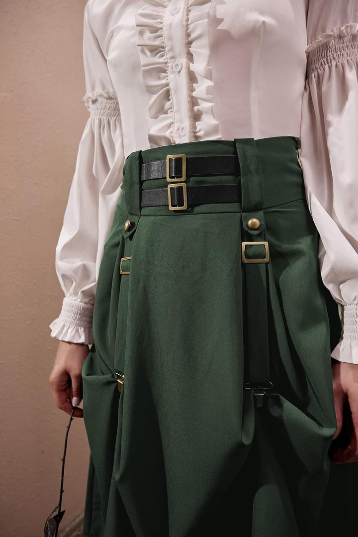 SCARLET DARKNESS Damen Mittelalter Rock Steampunk Knielang mit Schnalle und Riemen Gothic Rock Pirat