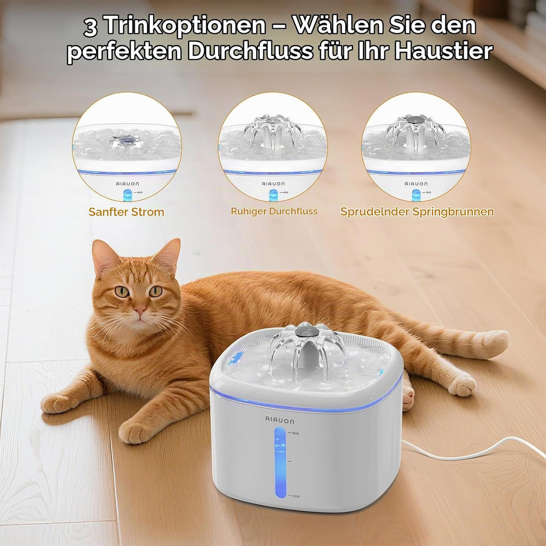 Trinkbrunnen für Katze, 2,5L Katzenbrunnen Leise mit 8 Ersatzfiltern und LED-Wasserstandsfenster für