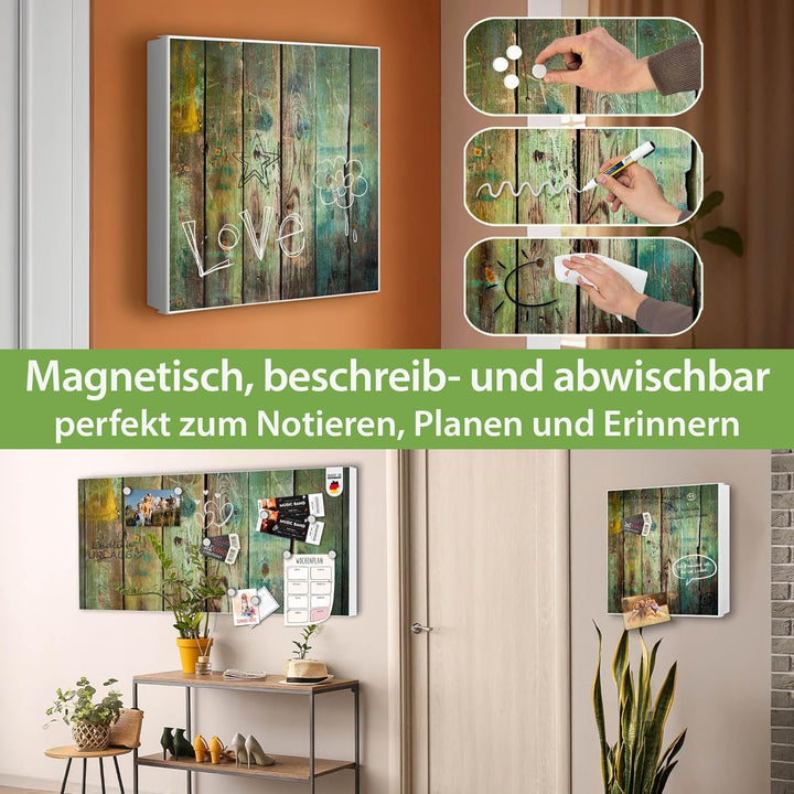 banjado® Grosser Schlüsselkasten Glas/Schlüsselbox 30cm x 30cm mit 50 Haken - Motiv Grünes Holz/Schl
