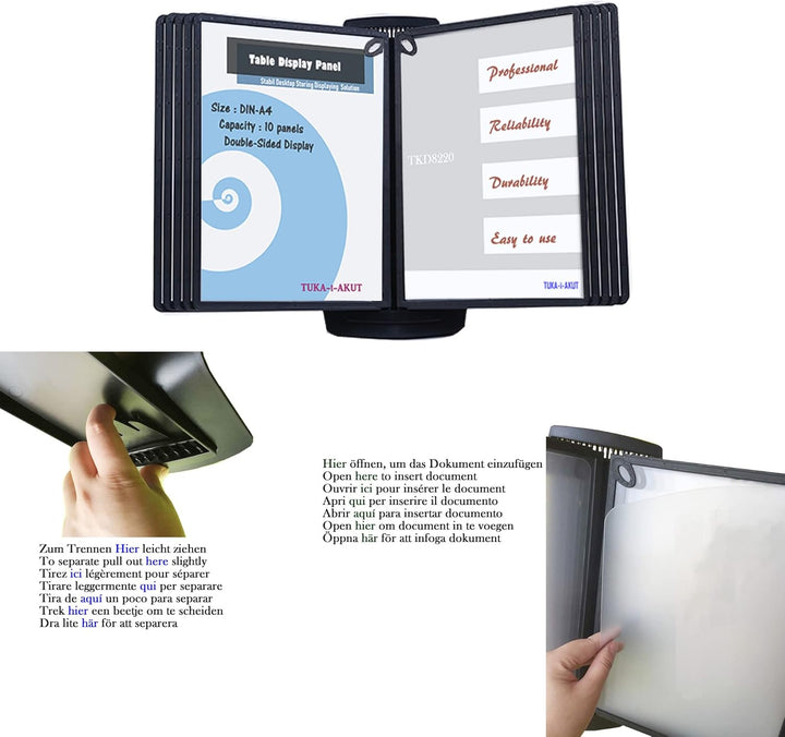 TUKA-i-AKUT Tisch-Sichttafel Aufsteller mit 10 Sichttafeln, DIN A4 Desktop Sichttafel System, Sichtt