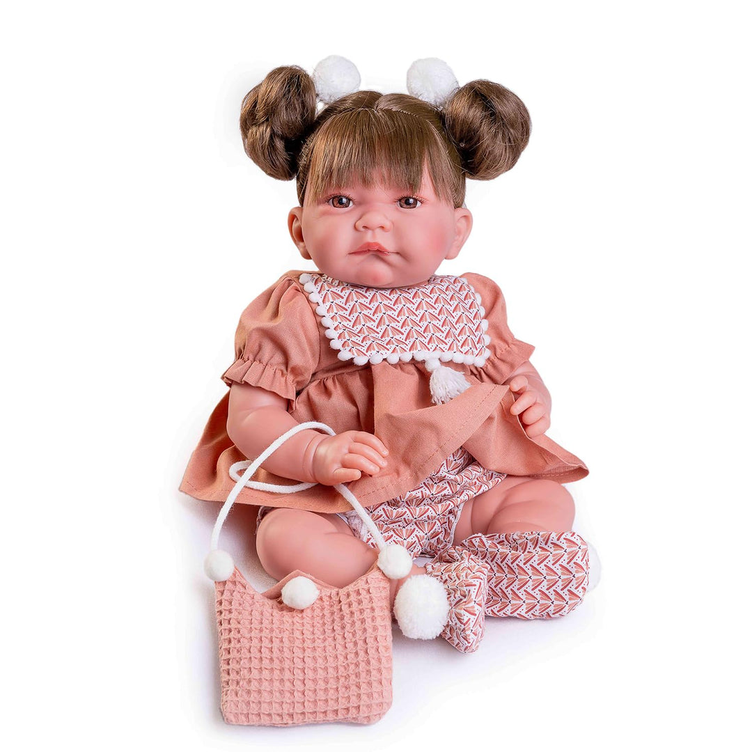 Muñecas Antonio Juan - Neugeborene Nica mit Pferdeschwänzen und Beutel
