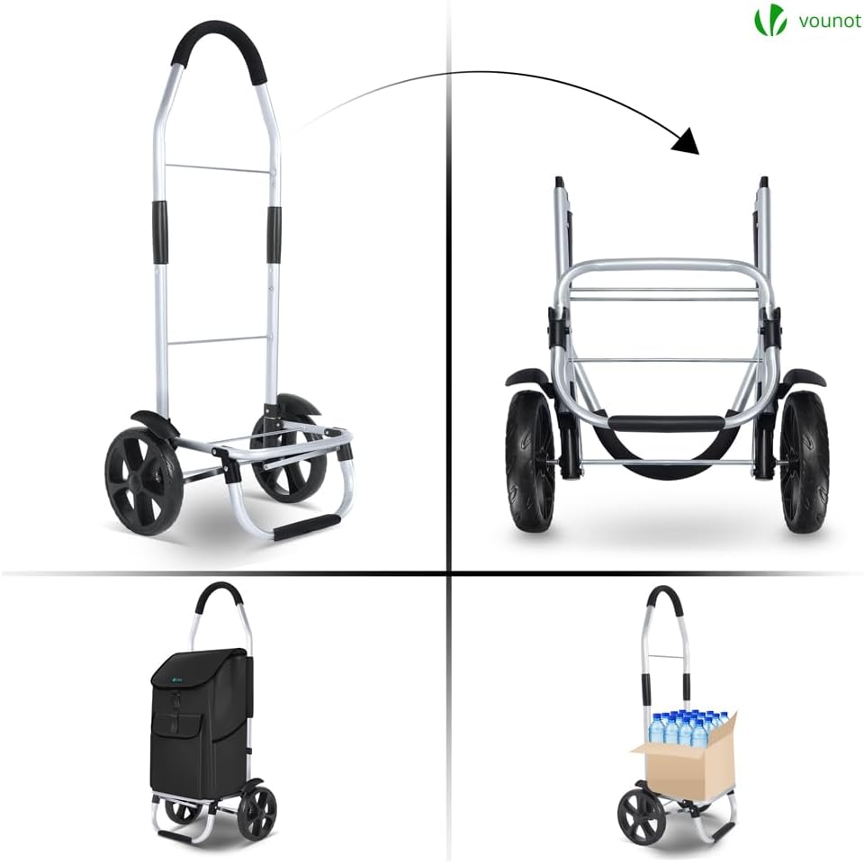 VOUNOT® Einkaufstrolley Klappbar aus Aluminium mit 58L Wasserdichter Tasche, 2 Extra grosse Räder mi