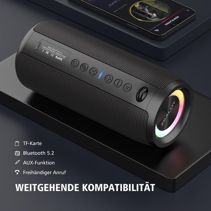 ZEALOT Bluetooth Lautsprecher S51 Pro mit Licht,Musikbox Tragbarer Blueooth Box,40W kraftvoller Ster