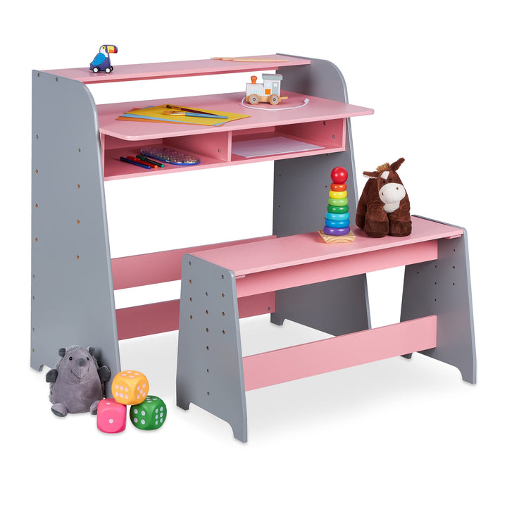 Relaxdays Kindertisch mit Sitzbank, 2 Fächer, höhenverstellbarer Kinderschreibtisch, HxBxT: 88 x 90