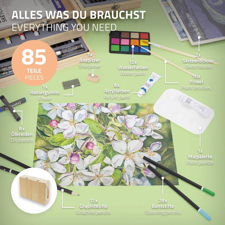 ECD Germany Malset Koffer 85-teilig, Künstlerset Maler, inkl. 3 Zeichenblock, Acrylpad & Zubehör, Ma