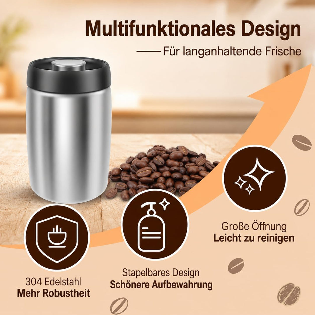 2 Stück Kaffeedose Luftdicht, 1,2L Kaffeebohnen mit Vakuumdeckel | Lebensmittelqualität 304 Edelstah