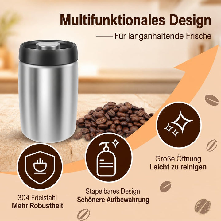 2 Stück Kaffeedose Luftdicht, 1,2L Kaffeebohnen mit Vakuumdeckel | Lebensmittelqualität 304 Edelstah