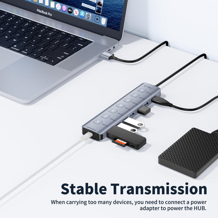 JESWO 7-Port USB 3.0 Hub mit individuellen Schaltern & LED-Anzeigen, Aluminium USB Verteiler 5Gbps,