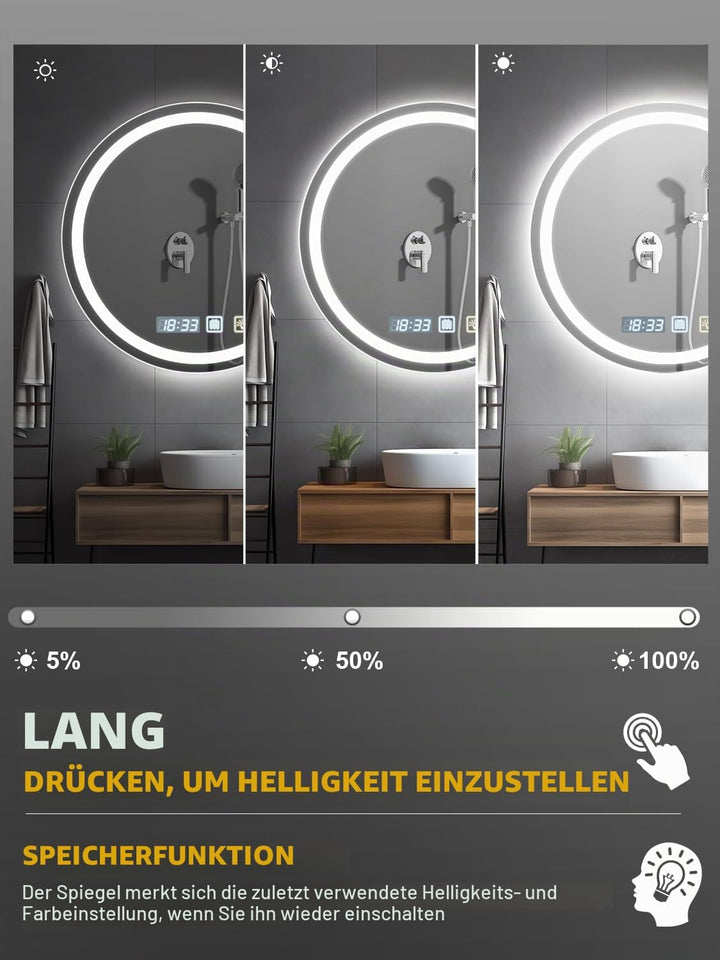 Viugreum Runder Badspiegel mit Beleuchtung, 60cm Spiegel mit Beleuchtung, Badezimmer Wandspiegel mit