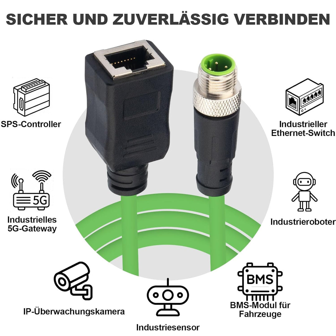 M12 auf RJ45 Adapterkabel (3m), Industrial Ethernet Cat5e D-Code 4-polig, M12 Stecker zu RJ45 Buchse