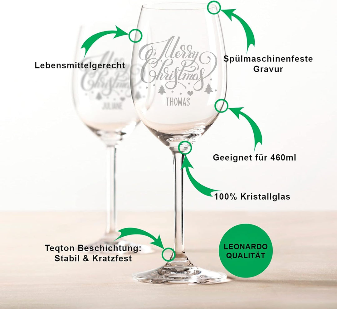 GRAVURZEILE Leonardo Weingläser - Merry Christmas Lettering Design - graviert mit Wunschnamen - inkl