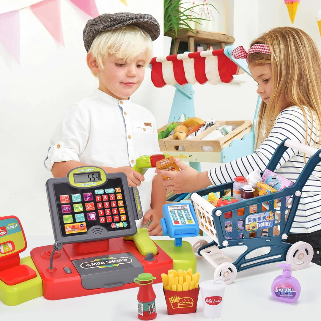 Kinderkasse Spielzeug Elektronisch Kasse Kaufladen Kinder mit Scanner, Einkaufswagen, Rechnerfunktio