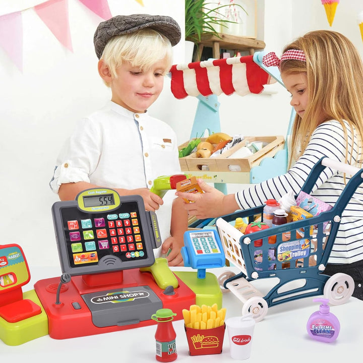 Kinderkasse Spielzeug Elektronisch Kasse Kaufladen Kinder mit Scanner, Einkaufswagen, Rechnerfunktio