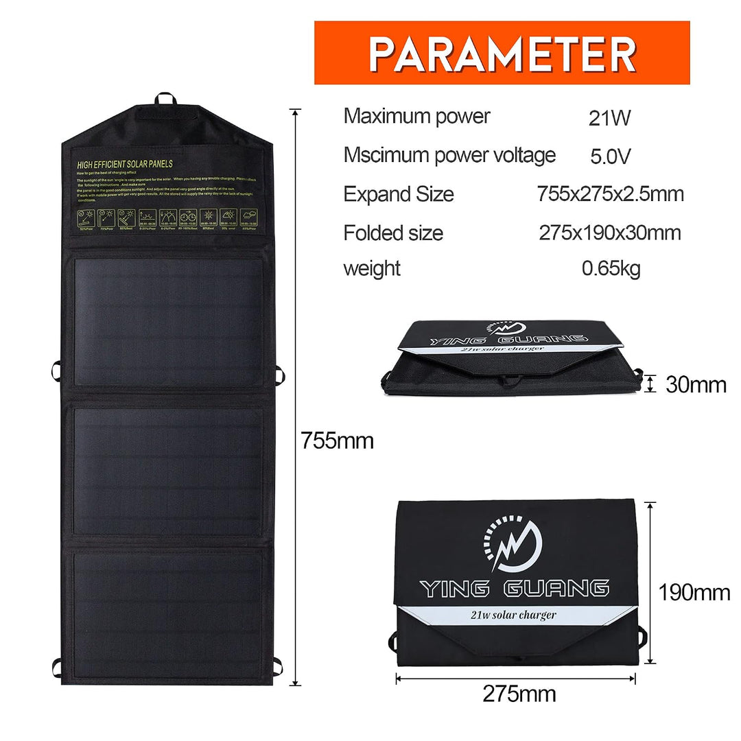 21W Faltbares Solar Ladegerät Tragbar Solarpanel wasserdicht, mit Zwei USB-Anschlüssen, für Camping,