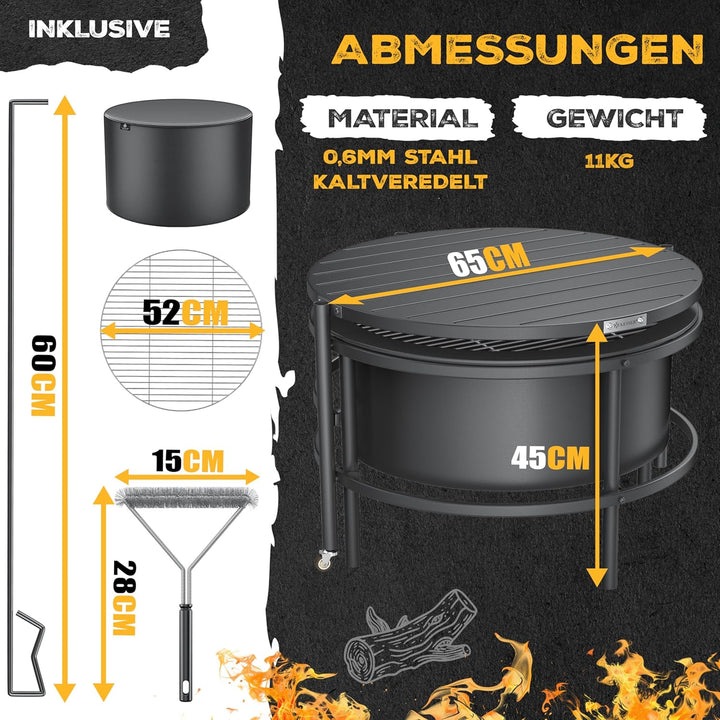 KESSER® Feuerschale mit Grillrost Ø65cm Feuerkorb 0,6mm Kaltveredelter Stahl | Mobile Feuertonne mit