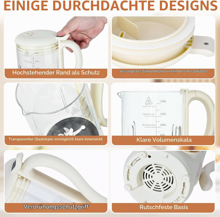 Nussmilchmaschine 1,4L, Automatischer Nussmilchbereiter, mit Startverzögerung, Selbstreinigung, LED-