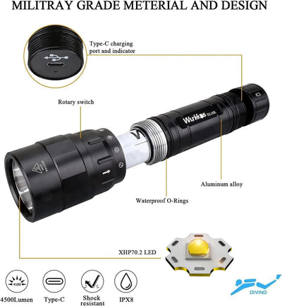 Wurkkos DL10R Tauchlampe, 4500 Lumen Unterwasser Taschenlampe Eingebaute USB-C-Aufladung, Cree XHP70
