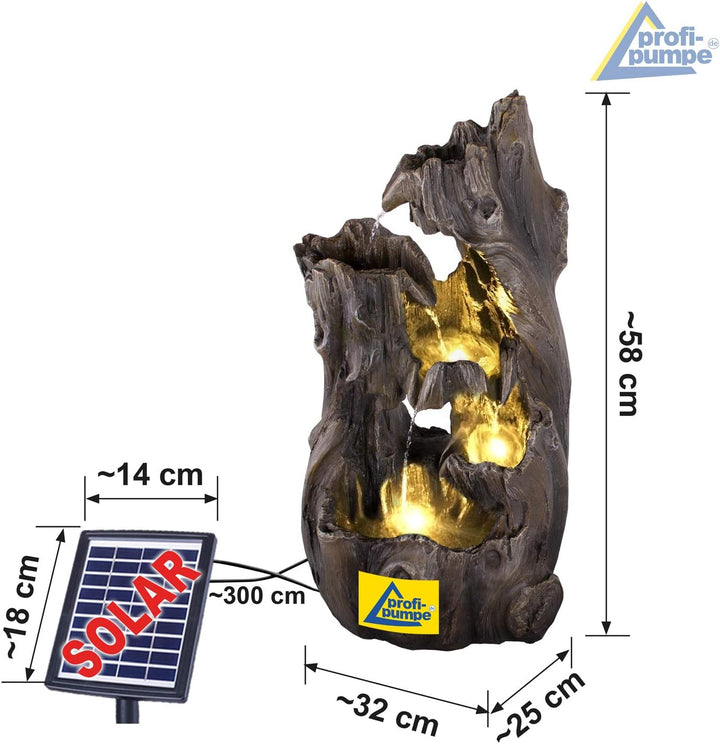 AMUR Solar Gartenbrunnen Brunnen Solarbrunnen Wald-ZAUBER mit LED-Licht, Zierbrunnen Wasserfall Gart