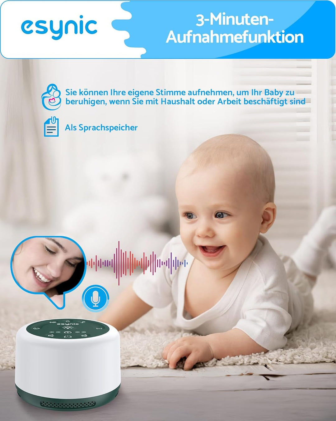 eSynic White Noise Machine–30 Klangoptionen, Schlafhilfe & Meditationshilfe, 7 LED-Farblichter, Atem