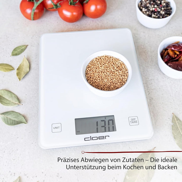 Cloer 6871 Digitale Küchenwaage für bis zu 10 kg, Zuwiegefunktion, Gewichtsmessung in 1 g Schritten,