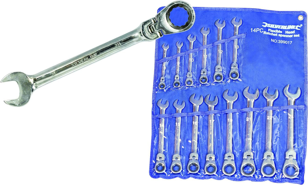 Silverline 399017 Ring-Maul-Ratschenschlüssel mit Gelenk, 14-tlg. Satz 8–24 mm