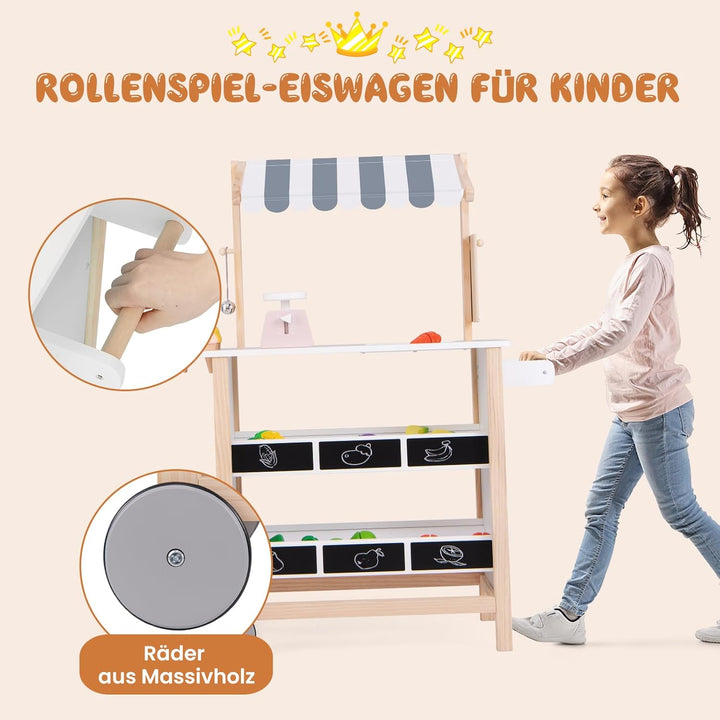 COSTWAY Kinder Eiswagen mit 6 Eiscreme, Kaufladen Holz mit 2 Ablagen, Einkaufswagen auf Rollen, inkl