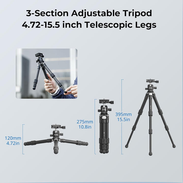 SMALLRIG Mini-Tischstativ aus Kohlefaser, Trípode 395mm/15,5Zoll kompaktes Tischstativ-Set im Tasche