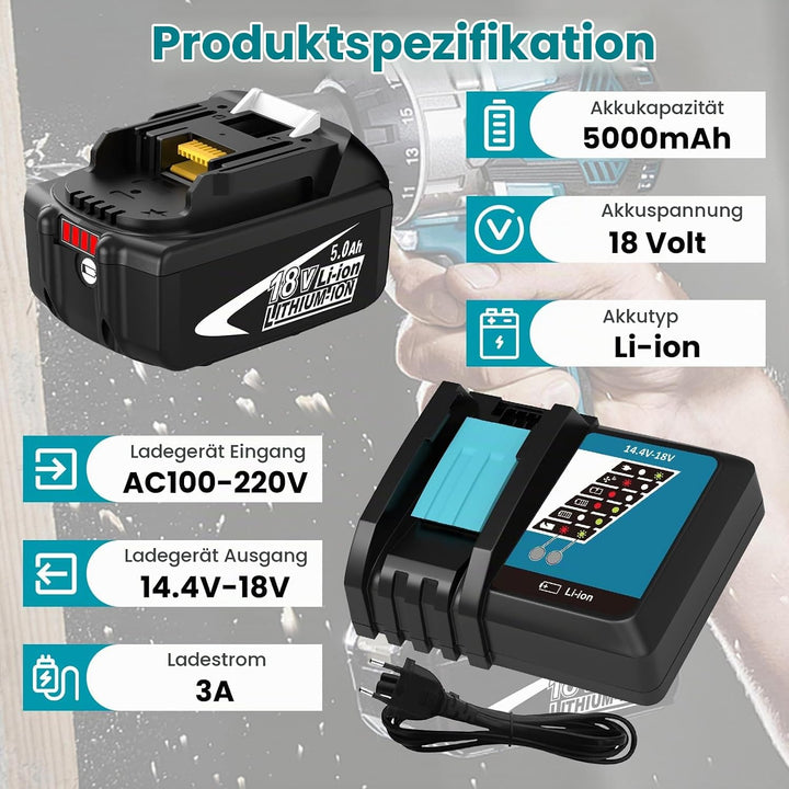 2 Stück 18V 5.0Ah Ersatz für Makita 18V Akku + 3A Ladegerät für DC18RCT für Makita BL1850B BL1850 BL