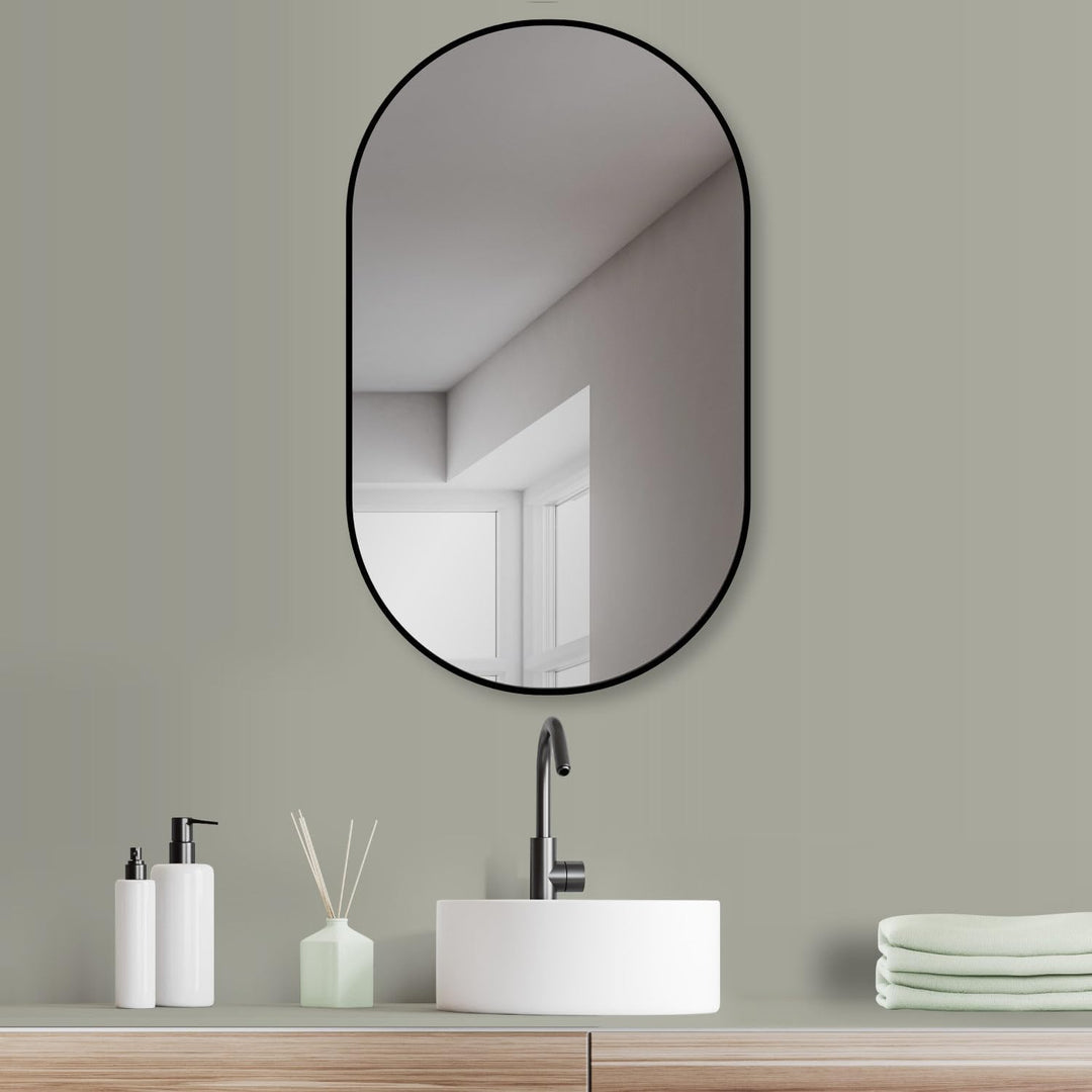 HOKO® Design Wandspiegel oval 60 x 100 cm mit Metall Rahmen Matt Schwarz. HOCH und QUER Montage mögl